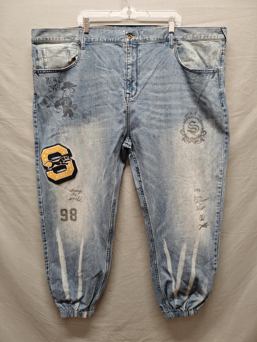 Sean John Jeans Mens 50x32 Blue Light Wash Jogger Elastic Cuff Graphic Patch